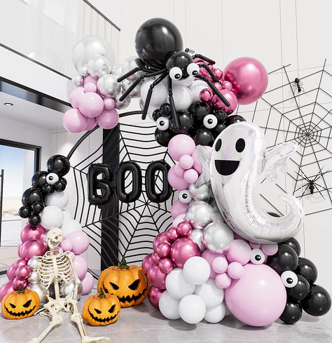 Pink Halloween Balloon Garland Arch Kit,122Pcs Halloween Black pink White Balloons Large Boo Ghost Foil Balloons Spider Balloons for Girl Birthday Baby Shower Party Decorations #ad #halloween #halloweenparty #halloweenpartyideas #Halloweenpartysupplies #halloweenpartytheme #halloweenballoons #halloweenballoongarland #halloweenpartysupplies Pink White Balloons, Halloween Balloon Arch, Halloween Balloon Garland, Pink Halloween Party, Fiesta Bluey, Halloween Balloons Decorations, Halloween Birthday Party Decorations, Balloon Halloween, Halloween Sleepover