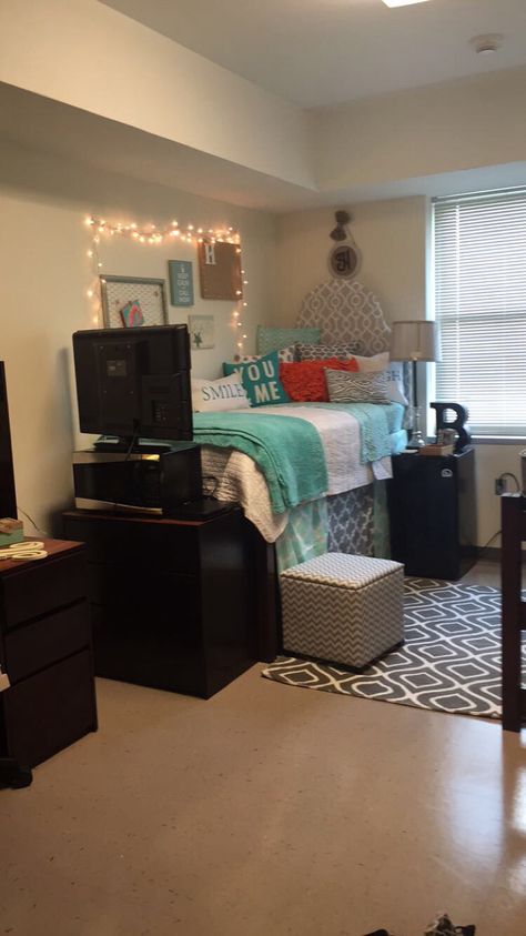 UNCP dorm room Dorm Room Setup Double, Dorm Room Ideas With Tv, Mtsu Dorm Room, Dorm With Tv, Tv Dorm Room, Dorm Room With Tv, College Dorm Room Ideas With Roommate, Tv In Dorm Room, Tv In Dorm