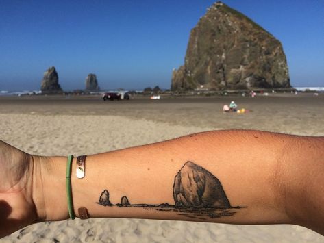 Oregon Tattoo Ideas For Men, Cannon Beach Tattoo, Haystack Rock Tattoo, Oregon Coast Tattoo, Shoreline Tattoo, Coastline Tattoo, Fisherman Aesthetic, Coast Tattoo, Oregon Tattoo