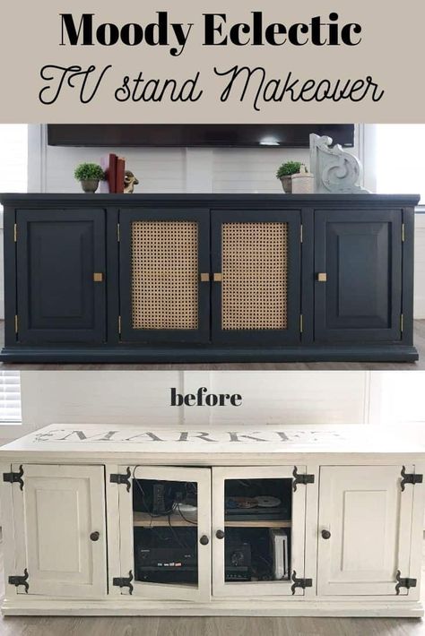 Moody Eclectic TV Stand Makeover with Cane Webbing Refurbish Tv Stand, Paint Tv Stand Diy, Eclectic Tv Stand, Tv Stand Upcycle, Black And White Tv Stand, Stand Decoration Ideas, Moody Eclectic, Refurbish Ideas, Painted Tv Stand