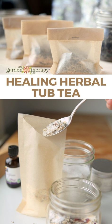 Bath Tea Packaging Ideas, Homemade Bath Soak Recipes, Tub Tea Recipes, Diy Bath Tea, Diy Bath Tea Recipes, Tea Baths, Bath Tea Recipe, Bath Teas, Bath Tea Bags