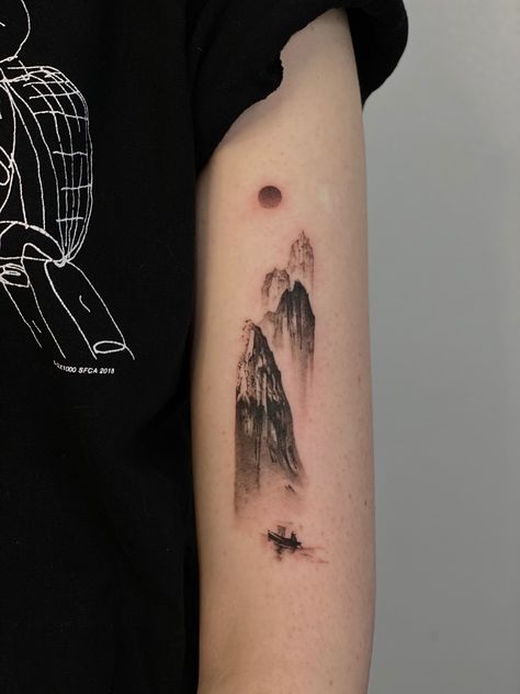 Misty Mountain Tattoo, Chinese Mountain Tattoo, Asian Landscape Tattoo, Asian Mountain Tattoo, Mountainscape Tattoo, Japanese Mountain Tattoo, Tattoo Mountains, Moutain Tattoos, Mountain Range Tattoo