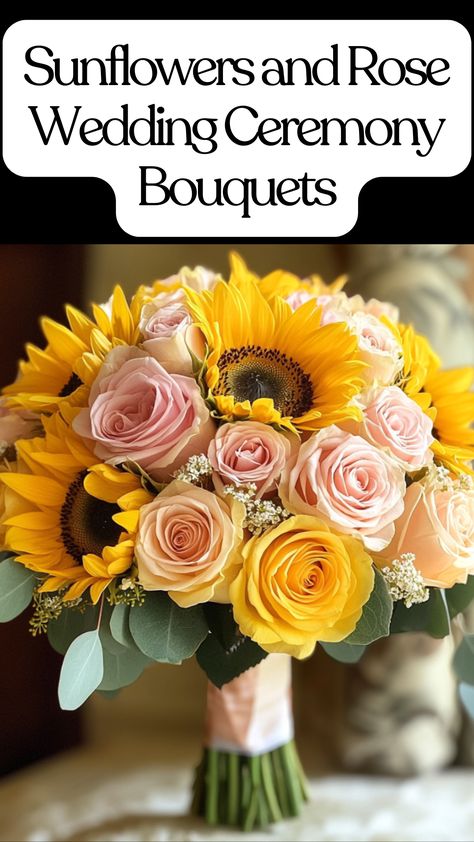 A sunflower and rose bouquet featuring vibrant yellow sunflowers and soft blush roses, perfect for an outdoor or garden wedding ceremony. Sunflower And Rose Wedding, Sunflower Rose Bouquet, Flowers In August, Fall Sunflower Weddings, Rose Wedding Theme, Bouquets Ideas, Wedding Bouquet Ideas, Rustic Arrangements, Sunflowers And Roses