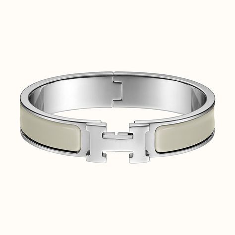 Hermes Clic H Bracelet in CraieNarrow bracelet in enamel with palladium plated hardware.   	P H Bracelet, Hermes Bracelet, Silk Accessories, Enamel Bracelet, Silver Enamel, Bracelet Silver, White Enamel, Small Leather Goods, White Silver