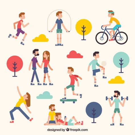 People doing outdoor leisure activities ... | Free Vector #Freepik #freevector #people #design #summer #woman Outdoor Summer Activities, People Design, Flat Art, Energy Shots, Web Design Mobile, 21st Century Skills, 4 Images, Disabled People, Weight Workout