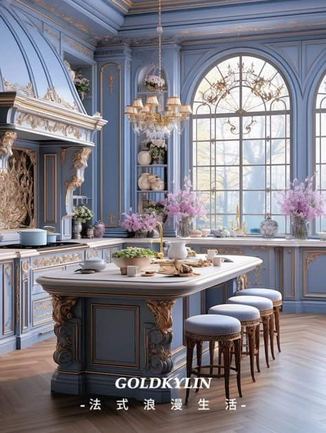 Bridgerton Kitchen Aesthetic, Bridgerton Interior Aesthetic, Bridgerton Blue Aesthetic, Bridgerton House Interior, Bridgerton Home, Castle Interior Design, Regency Homes, French Kitchens, Royal Kitchen