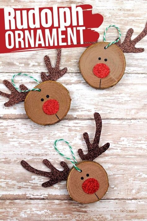 Rudolf Wood Slice Ornament, Natural Wood Slice Ornaments, Children Christmas Ornaments Diy, Wooden Circles Christmas Ornaments, Wood Craft Ornaments, Christmas Crafts On Wood Circles, Rudolph Ornaments Kids, Thank You Ornaments Diy, Ornaments With Wood Slices