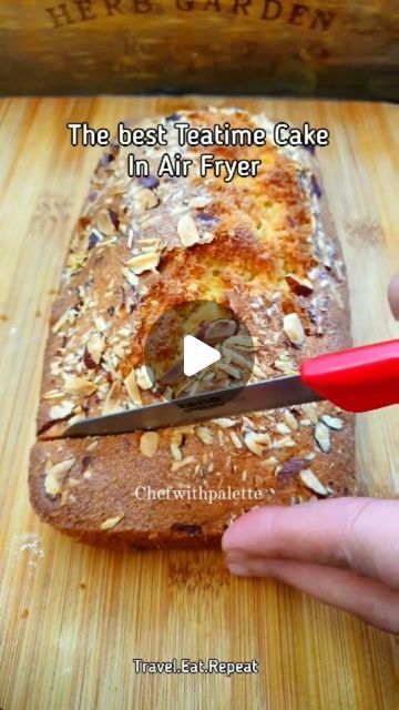 Khadija Siddiqui on Instagram: "My forever favourite Almond coconut Teacake and No you cannot stop on one slice 😆✌

💥my 3 Air Fryer E-books are linked in my linktree with 130 easy and insanely delicious recipes 😋 

Ingredients and steps:
Take 110gm butter 
Add 110gm sugar in it.
Mix both very well.
Add 2 eggs 
1 tsp vanilla extract 
Mix again 
Add 110gm plain all purpose flour 
1 tsp baking powder 
Half cup chopped almonds 
2 tbsp desiccated coconut 
2 tbsp milk
Mix everything 
Air fry or bake at 150ºC for 35 minutes or until a skewer comes out clean.
Enjoy with a cup of karak chai or coffee ☕ 

@chefwithpalette 

#cake #loaf #buttercake #milkcake #vanillacake #spongecake #airfryer #airfryercake #airfryerrecipes #airfryer #desserts #dessertporn #dessertlover #cakes #cakesofinstagram #te Almond Flour Cakes, Desiccated Coconut, Milk Cake, Buy Cake, All Purpose Flour, Dessert Lover, Cake Videos, Sweet Bread, Baking Tins