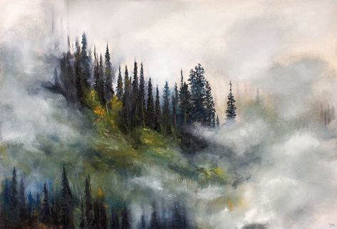 Acrylic Nature Painting, Foggy Trees, Bob Ross Art, Foggy Landscape, Oil Paintings Landscape, Hydrangea Painting, Foggy Mountains, Mountain Painting, Paintings Landscape