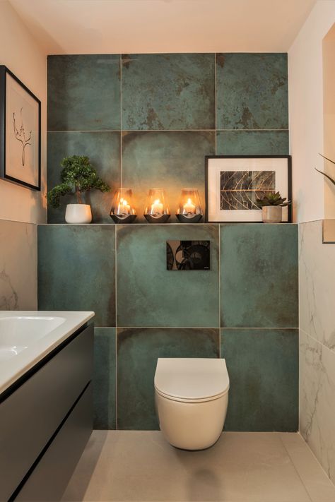 Mint Green Tile Bathroom Ideas, Large Green Bathroom Tiles, Green Feature Wall Bathroom, Bathroom Tiles Color Combination, Matt Tiles Bathroom, Bathroom Living Wall, Toilet Design Green, Green Bathroom Tiles Wall, Tiled Bathroom Walls Fully