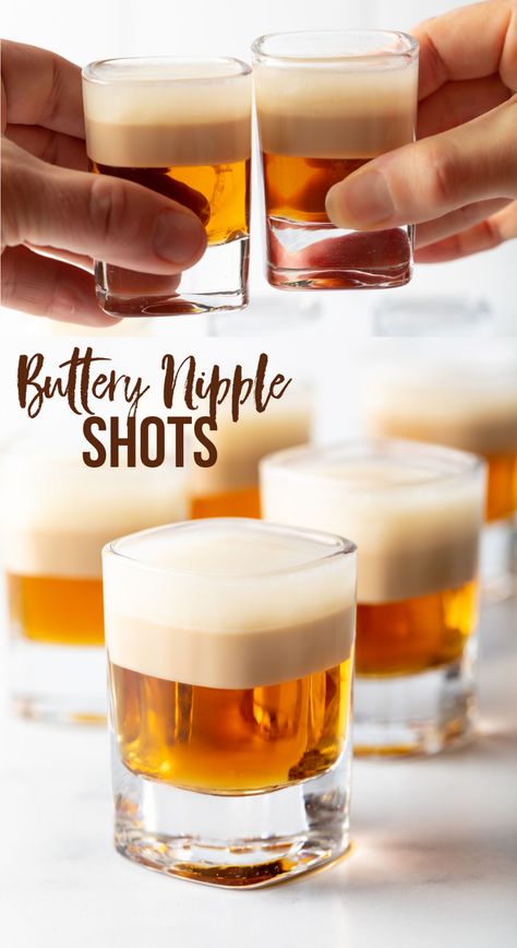 How to Make a Buttery Nipple (Recipe + VIDEO) - This classic Buttery Nipple shot recipe includes butterscotch schnapps and Irish cream, plus a rum floater on top for a sweet, rich layered cocktail with some kick. A perfect alcoholic drink recipe for New Years and holiday celebrations, or anytime cheers-worthy event! | A Spicy Perspective Alcoholic Drink Recipe, Shots Alcohol Recipes, Cocktail Shots, A Spicy Perspective, Shots Alcohol, Mixed Drinks Alcohol, Yummy Alcoholic Drinks, Sweet Cocktails, Tom Collins