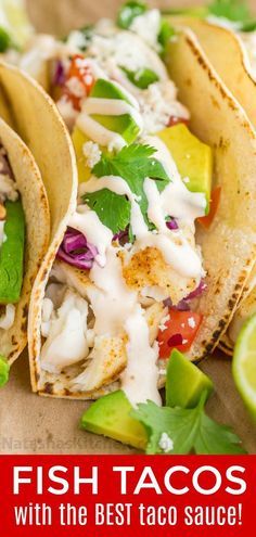 Our go-to fish tacos recipe for entertaining! Easy, excellent fish tacos with the best fish taco sauce; an irresistible lime crema! | natashaskitchen.com #fishtacos #fishtacosauce #tacosauce #tacos #tacorecipes Best Fish Taco Sauce, Fish Taco Sauce, Best Fish Recipes, Tilapia Fish Recipes, Lime Crema, Fish Recipes Baked, Fish Taco, Fish Tacos Recipe, Healthy Tacos