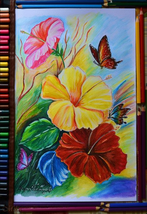 Butterfly Drawing With Color Pencil, Oil Pastel Art Butterfly, Butterfly Flower Drawing Color, Butterfly With Oil Pastels, Lotus Flower Oil Pastel, Colorful Canvas Art, Oil Pastel Colours, Modern Art Canvas Painting, Butterfly Art Painting