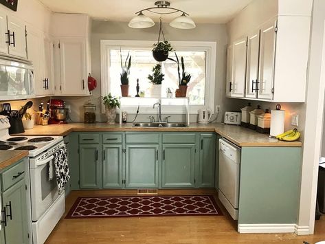 Light Green Kitchen Cabinets Brown Counter, Tiny Kitchen Paint Ideas, Cottage Core Kitchen Cabinets, Small Sage Green Kitchen, Green And Tan Kitchen, Boho Kitchen Green, Kitchen Ideas Paint Colors, Wall Colors Kitchen, Small Kitchen Cabinet Colors