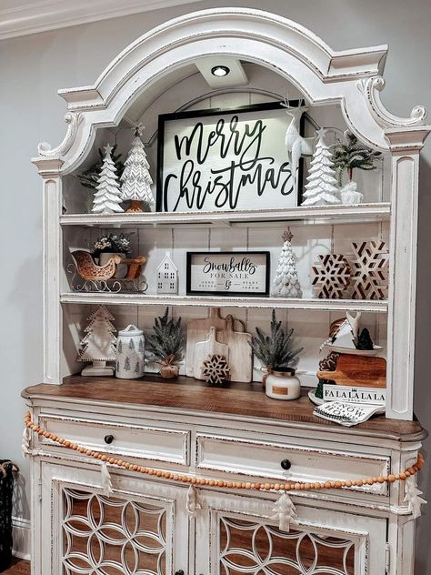 Built In Buffet Decor, Hutches Decorated For Christmas, How To Decorate A Hutch For Christmas, China Hutch Christmas Decor, Christmas Hutch Display, Kitchen Hutch Christmas Decor, Hutch Christmas Decorating Ideas, China Cabinet Christmas Decor, Antique Hutch Decorating Ideas