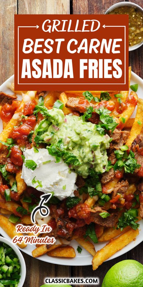 Carne Asada Fries, a Mexican-inspired fried potato dish, originated in San Diego in the 1990s. Made with seasoned beef, French fries, guacamole, sour cream, pico de gallo, and cheese, it's perfect for appetizers or Mexican-themed gatherings. Carne Asada Fries Recipe, Carne Asada Fries, Carne Asada Recipes, Night Dinner Recipes, Crispy Fries, Fried Potato, Fries Recipe, Grilled Beef, Carne Asada