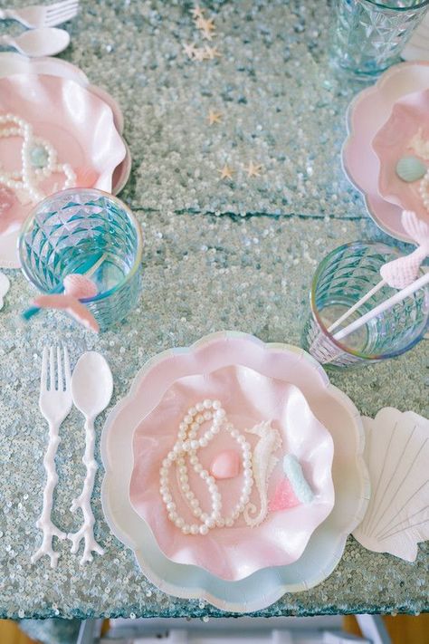 Mermaid Theme Sleepover Party, Pink Mermaid Cupcakes, Iridescent Mermaid Party, Disco Mermaid Party, Under The Sea Table Decor, Mermaid Dinner Party, Seahorse Birthday Party, Pastel Mermaid Party, Pink Mermaid Party