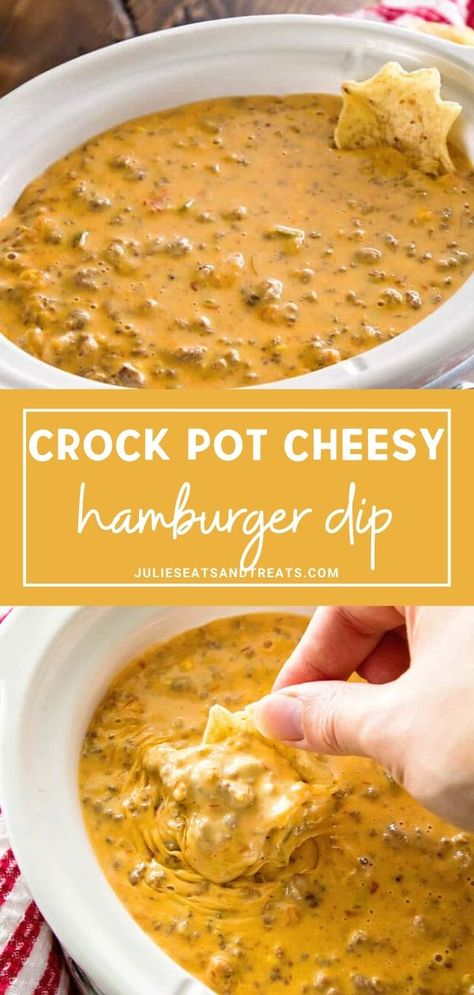 Crockpot Cheesy Hamburger Dip, Hamburger Dip Crockpot, Hamburger Dip Recipes, Hamburger Cheese Dip, Cheesy Hamburger Dip, Best Cheese Dip, Crockpot Dip, Crockpot Dips, Hamburger Dip