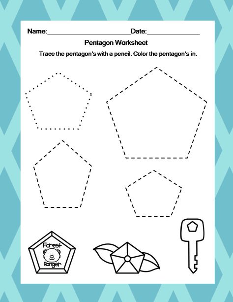 Pentagon Worksheet. Trace the Pentagons then color the pentagon objects. Pentagon Activities Preschool, Activities For Kindergarten, Pentagon Shape, The Pentagon, Activities Preschool, Kindergarten Worksheets, Teacher Store, Over 60, Preschool Activities