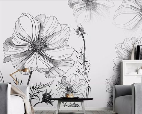 Wallpaper For Home Wall, Sketch Flower, Floral Mural, 3d Wall Painting, Wall Art Lighting, Black And White Sketches, Flower Sketches, Wallpaper Modern, Japan Design