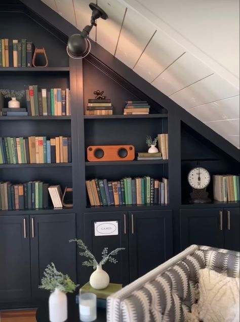 Navy Bookshelves, Bookcase Under Stairs, Cozy Book Corner, Bonus Room Design, Floor To Ceiling Bookshelves, Slanted Walls, Sandra Lee, Home Library Design, Attic Remodel