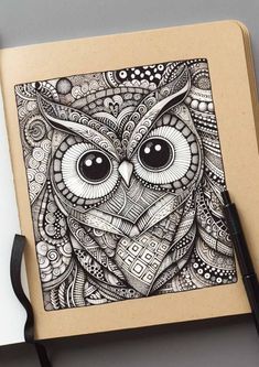 Pattern design Owl Zentangle Art, Owl Zentangle, Zentangle Patterns Step By Step, Zentangle Animals, Pattern Design Inspiration, Pattern Steps, Zen Doodle, Zentangle Art, Zentangle Patterns