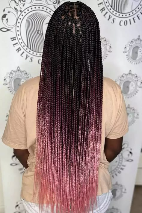 Pink Ombre on Braided Hair #braids #boxbraids #pinkombrehair Box Braids With Color At The End, Box Braids Pink Highlights, Goddess Braids With Color Pink, Pink Ombre Braids Black Women, Light Pink And Black Braids, Braids With Ombre Color, Ombre Pink Braids, Pink Ombré Braids, Rose Gold Box Braids