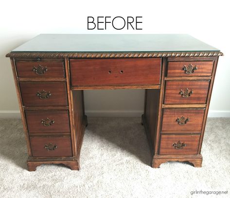 Refinish Desk, Wood Desk Diy, Repainted Desk, Paint Wooden Desk, Painted Antique Desk, Antique Desk Makeover, Plain Desk, Desk Painting, Chalk Paint Desk