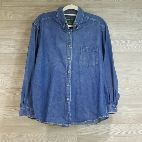 Vintage Button-up Denim Top, Vintage Denim Button-up Top, Jean Button Up Shirt, Relaxed Fit Denim Button-up Top With Snap Buttons, Denim Button Down Shirt, Denim Blue Button-up Top With Snap Buttons, Floral Embroidered Shirt, Vintage Medium Wash Denim Button-up Top, Parent Trap