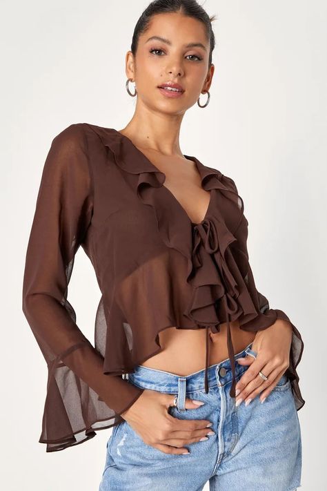 Thriving Flirt Brown Chiffon Ruffled Long Sleeve Tie-Front Top | Lulus (US) Ruffled Top Outfit, David Kushner Concert, Brown Top Outfit, Flared Tops, Different Types Of Tops, Ruffle Tops Outfit, Fashion Brenda, Bday Fits, Baby Blue Shirt