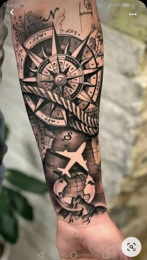 Tattoos Arm Mann, Tattoo Bicep, Compass And Map Tattoo, Nautical Tattoo Sleeve, Tato Maori, Compass Tattoo Design, Cool Arm Tattoos, Cool Forearm Tattoos, Nautical Tattoo