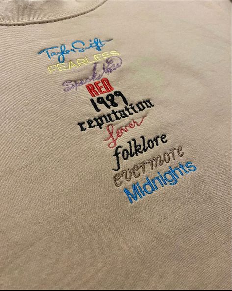 Taylor Swift Embroidery Ideas Clothes, Taylor Swift Embroidery Designs, Taylor Swift Eras Embroidery, Embroidery Taylor Swift Shirt, Taylor Swift Embroidered Sweatshirt, Embroidery Designs Taylor Swift, Senior Jackets, Taylor Swift Shirts, Taylor Lyrics