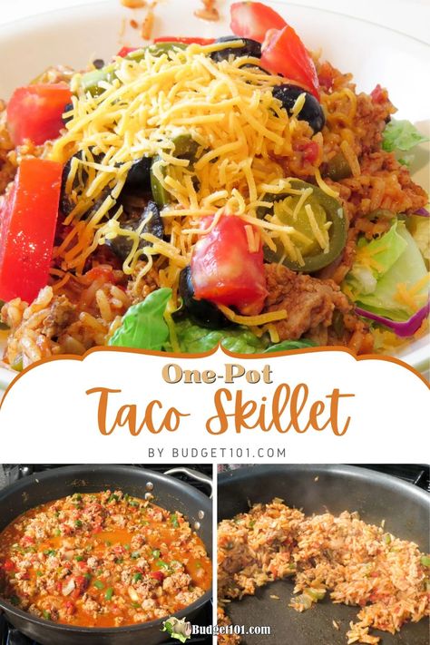 One-Pot Taco Skillet 🌮  An easy, flavorful one-pan taco skillet meal perfect for busy nights! Made with seasoned ground meat, rice, veggies, and topped with shredded cheese, it's sure to be a family favorite.  #Budget101 Taco Skillet Dinner, Taco Skillet, Dirt Cheap Meals, Rice And Veggies, Ground Beef Rice, Skillet Dinners, Easy Taco, Quick Weeknight Dinners, Taco Meat