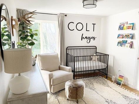 This stunning nursery looks ready for baby! ft. our Winston crib in Vintage Iron 📷: @mrs.hcardwell Black Crib, Baby Nursery Inspiration, Nursery Name Sign, Nursery Room Design, Baby Boy Room Nursery, Baby Room Inspiration, Boys Nursery, Nursery Room Inspiration, Baby Room Design