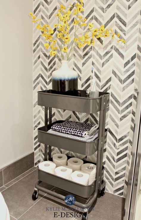 Feature Tile Wall, Raskog Ikea, Ikea Bathroom Storage, Ikea Raskog Cart, Raskog Cart, Bathroom Cart, Kylie M Interiors, Ikea Raskog, Bathroom Wall Storage