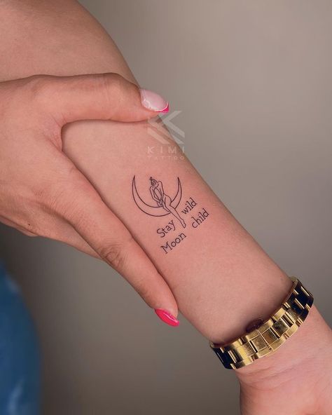 Small Cute Meaningful Tattoos For Women, Moon Daughter Tattoo, Woman In The Moon Tattoo, Wild Child Tattoo Ideas, Stay Wild Moon Child Tattoo, Old Soul Tattoo Ideas, Wild Child Tattoo, Stay Wild Tattoo, Moon Child Tattoo