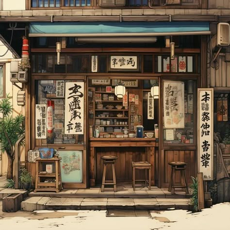 Sketch Ideas Building, Japanese House Art, Aesthetic Sketch Ideas, Aesthetic Sketch, Japanese Buildings, Japanese Town, Japanese Village, Japanese Shop, Japan Architecture