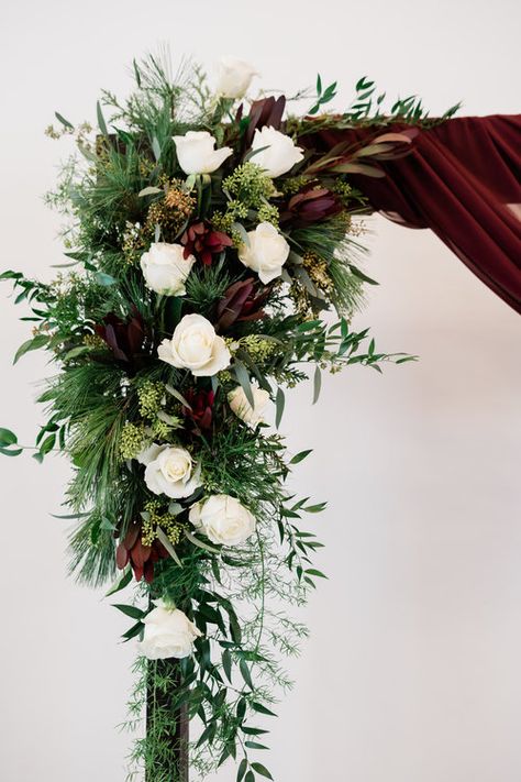 Winter Wedding Flowers // Arbor Flowers // Wedding Flower Arrangements // Tennessee Christmas Wedding Winter Wedding Table Flower Arrangements, Christmas Arbor Wedding, Winter Wedding Arch Flowers, Christmas Arbor Decorating, Christmas Wedding Flower Arrangements, Christmas Wedding Alter, Christmas Wedding Arch Ideas, Winter Wedding Floral Arrangements, Winter Wedding Arch Ideas