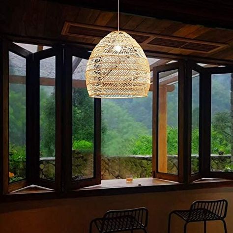 Make a statement with this stunning rattan pendant lamp shade. Its natural wood shade adds warmth and rustic touch to the room, creating a cosy intimate ambience in the dining room. Bar Hanging Lights, Bedroom Chinese Style, Rattan Restaurant, Wicker Pendant Light, Hanging Lamp Shade, Pendant Light Styles, Rattan Lamp, Bamboo Pendant Light, Rattan Pendant Light