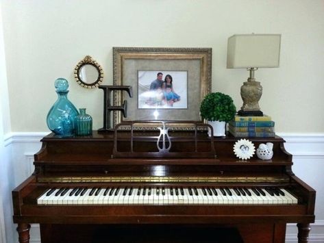 Decorating Piano, Farmhouse Piano, Picture Hanging Height, Piano Decor, Desk At Work, Piano Ideas, Piano Room, Desk Ideas, Dresser Decor