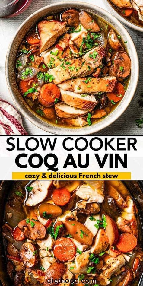 Slow cooker coq au vin is a cozy, stewy French-inspired recipe with chicken braised in a red wine gravy with bacon, mushrooms, and herbs. #slowcooker #coqauvin #cozydinner Red Cooking Wine Recipes, Red Wine Chicken Recipes, Chicken Coq Au Vin Recipe, Slow Cooker Coq Au Vin, Cooler Recipes, French Chicken Dishes, Diethood Recipes, Cooking With Red Wine, French Chicken Recipes