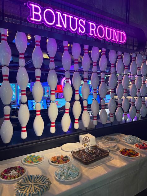 Bowling Bday Party, Bowling Alley Design, Cosmic Bowling Party, Backyard Bowling, Bowling Alley Party, Birthday Bowling, Cosmic Bowling, Preppy Birthday, Bowling Birthday Party