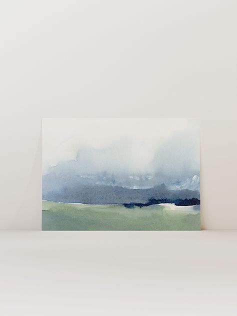 This piece brings nature to your home with a moving blue sky and the landscape of the lush watercolor green fields. Green Watercolor Painting Ideas, Easy Watercolor Abstract, Landscapes Watercolor, Landscape Art Ideas, Neutral Watercolor Painting, Minimalist Watercolor Painting, Sky Watercolor, Simple Watercolor Landscape, Easy Watercolor Landscape