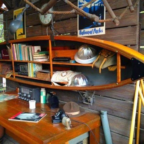 Boat Shelf Decor, Canoe Shelves, Boys Fishing Room, Canoe Shelf, Canoe Ideas, Vintage Sports Decor, Western Living Room Decor, Boat Shelf, Boat Furniture