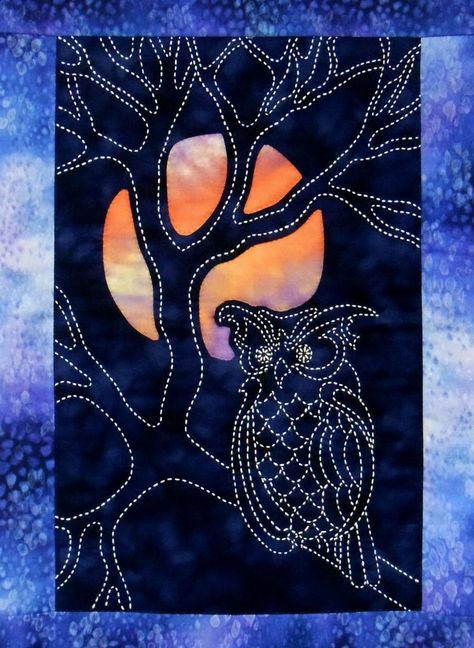 Owl & Moon Japanese Sashiko & Reverse Applique Quilt Pattern Design Moon Japanese, Japanese Quilt Patterns, Owl Quilts, Owl Quilt, Owl Moon, Sashiko Pattern, Japanese Quilts, Applique Quilt Patterns, Sashiko Embroidery