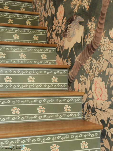 Stenciled Stairs, Painted Stair Risers, Wallpaper Stairs, Basement Remodel Diy, Painted Stairs, Space Painting, Green Paint Colors, Sherwin Williams Paint Colors, Stair Risers