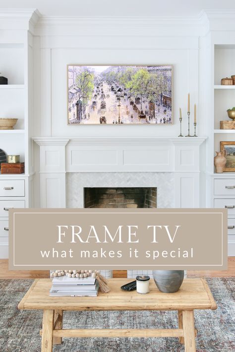 See what makes this TV  unique! How to hang a frame TV and how to hide the wires. Everything you need to know! Tv Size Above Fireplace, How High To Hang Tv Over Fireplace, What Size Tv Over Fireplace, Framed Tv Over Fireplace, Hanging Tv Ideas, Hanging Tv Ideas Living Room, Frame Tv Over Fireplace, Tv Over Fireplace, Hanging Tv