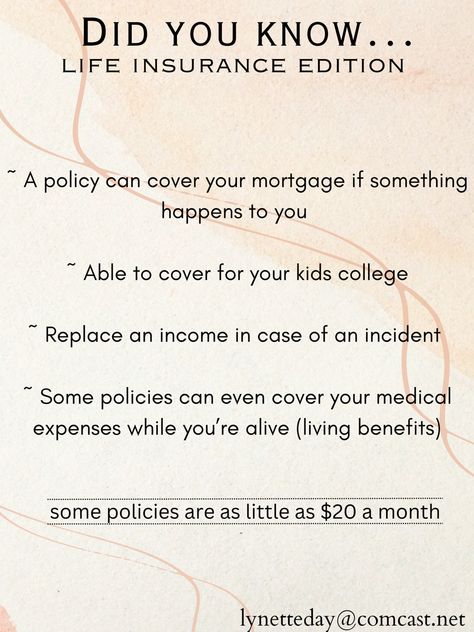 There is a variety of life insurance policies, one of every family need whether it be covering your kids college, replacing a loved ones income, paying those medical bills in the case of an incident. Questions finding the right fit, email @ lynetteday@comcast.net; lets get your family covered Life Insurance Agent Tips, Selling Life Insurance Tips, Insurance Agent Marketing Social Media, Living Benefits Life Insurance, Life Insurance Agent Aesthetic, Insurance Agent Aesthetic, Financial Advisor Career, Insurance Meme, Life Insurance Sales