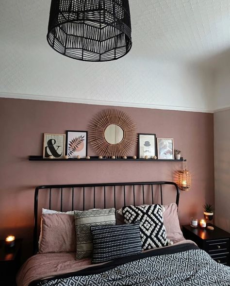 Rosewood Pink and Black Bedroom Design Shelf Over Bed, Ultimate Bedroom, Rooms Decoration, Art Shelf, Charming Aesthetic, Black Bedroom Furniture, Rooms Decor, Grasscloth Wallpaper, Spare Bedroom