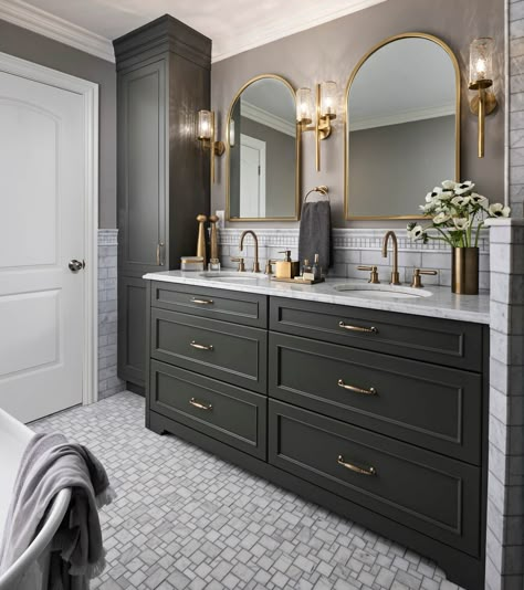 A Romantic Bathroom with Deep Green Cabinetry - Dura Supreme Cabinetry Vanity With Linen Cabinet, Romantic Bathroom, Moody Bathroom, Dark Green Bathrooms, Green Bathroom Vanity, Romantic Bathrooms, Green Vanity, Painted Bathroom, Custom Bathroom Vanity